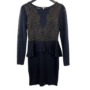 Bebe Size M Pencil Mini Dress Black & Gold Lace Sheer Upper Fitted